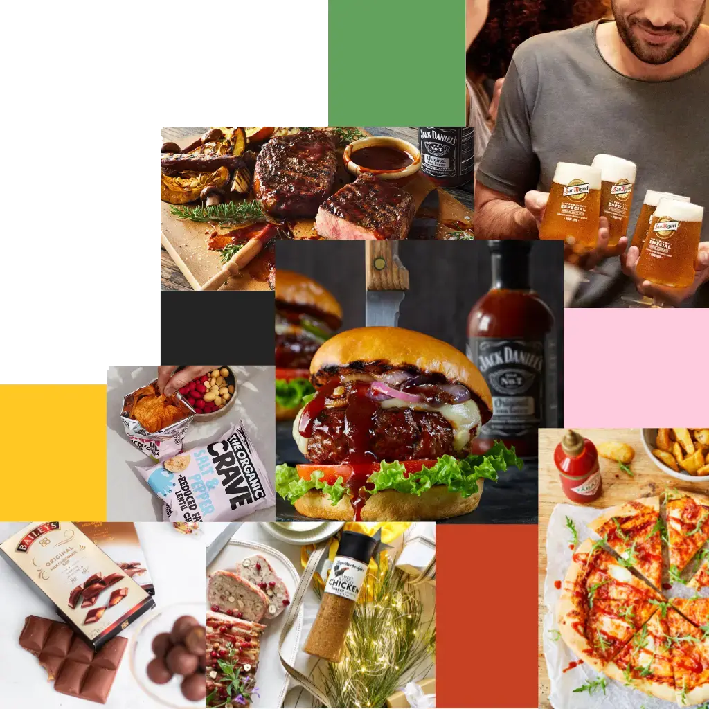 Overview of images of products offered. Man with San Miguel beer, broken bar of Baileys chocolate, sliced pizza with Sriracha tabasco sauce