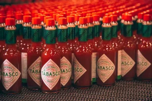 Bottles of Tabasco hot sauce on production line
