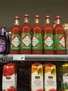 Tabasco Spicy Tomato drink on shelf in supermarket