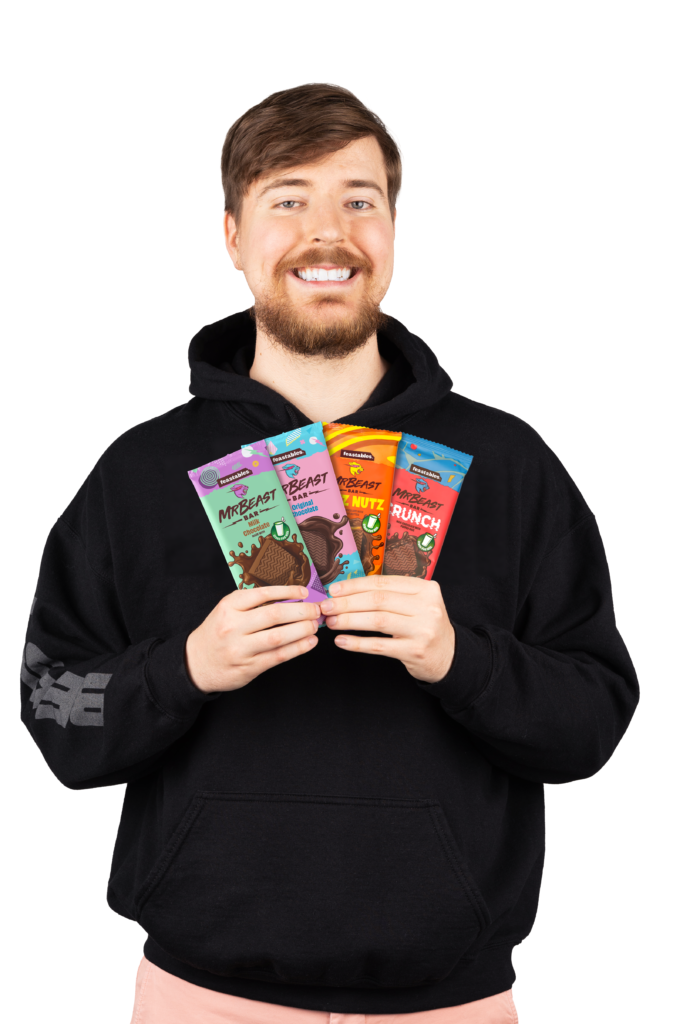 Jimmy aka MrBeast holding 4 different bars of Feastables Chocolate