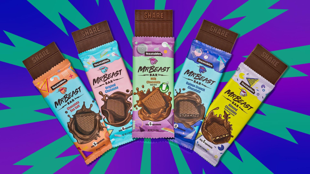 5 different flavors of Feastables 60 gram Chocolate bars by MrBeast.